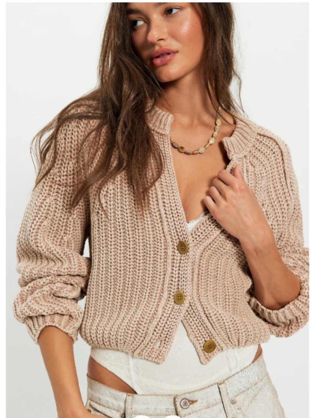 Free People Sz L 100% Cotton Sweet Nothing Slouchy Heavy Knit Cardigan Sand